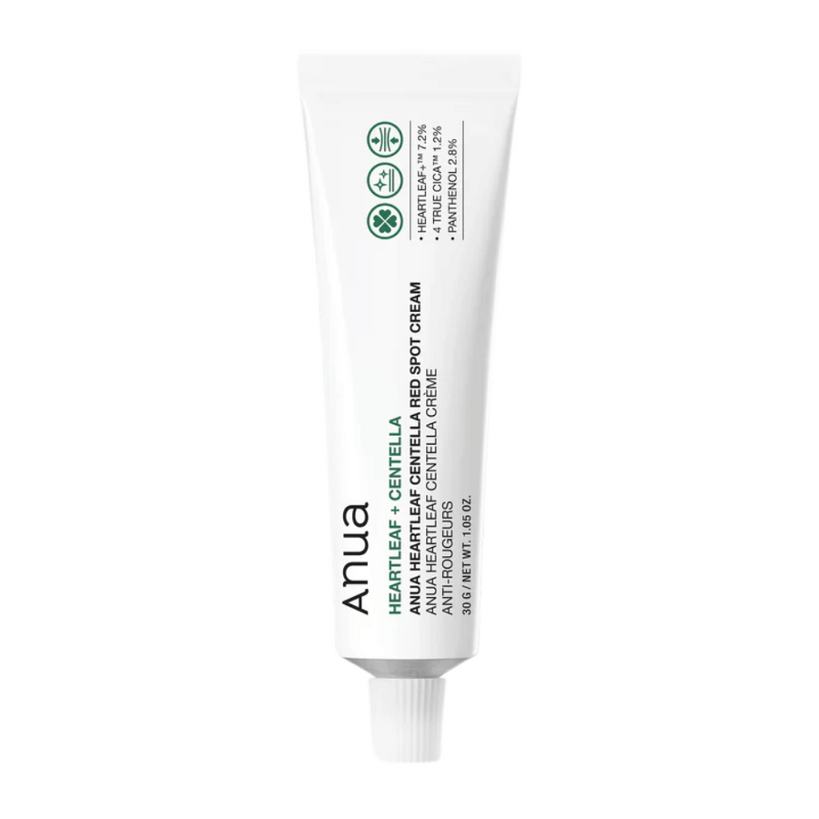 Anua Heartleaf Centella Red Spot Cream i vit tub, en punktbehandlande kräm med centella för att lugna huden och stärka fuktbarriären.
