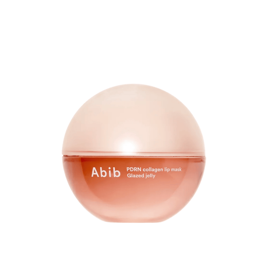 Rosa rund burk med texten "Abib PDRN Collagen Lip Mask Glazed Jelly" på framsidan, fotograferad mot vit bakgrund.
