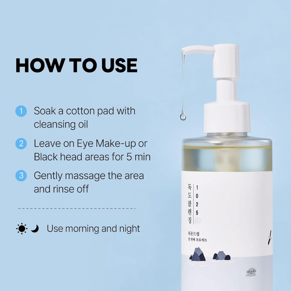 Round Lab 1025 Dokdo Cleansing Oil que dissolve eficazmente maquilhagem, protetor solar e impurezas com uma textura de óleo leve e hidratante