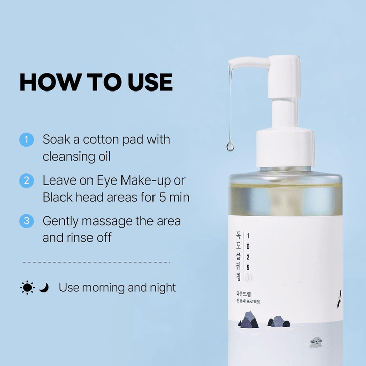 Round Lab 1025 Dokdo Cleansing Oil que dissolve eficazmente maquilhagem, protetor solar e impurezas com uma textura de óleo leve e hidratante