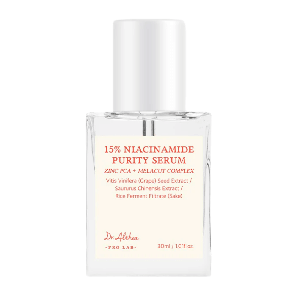 Dr. Althea 15% Niacinamide Purity Serum é um sérum avançado que combina 15% de niacinamida com Zinc PCA e MELACUT COMPLEX para iluminar, reduzir poros e melhorar a textura da pele. Perfeito para um tom de pele radiante e uniforme.