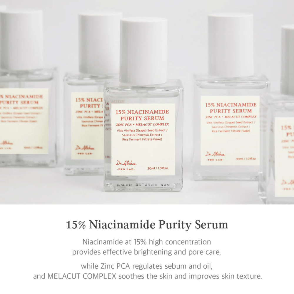 Dr. Althea 15% Niacinamide Purity Serum com alta concentração de niacinamida para pele mais clara e redução de poros. Contém Zinc PCA para regulação do sebo e MELACUT COMPLEX para acalmar a pele e melhorar a textura. Embalagem elegante para uma impressão profissional.