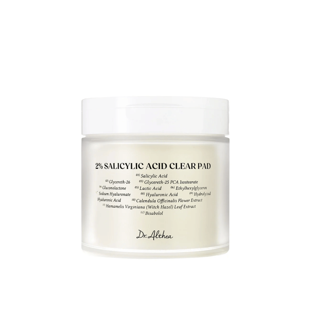 Imagem do produto de Dr. Althea 2% Salicylic Acid Clear Pad em fundo branco. Discos esfoliantes para pele propensa a acne e oleosa com ácido salicílico e ingredientes calmantes.