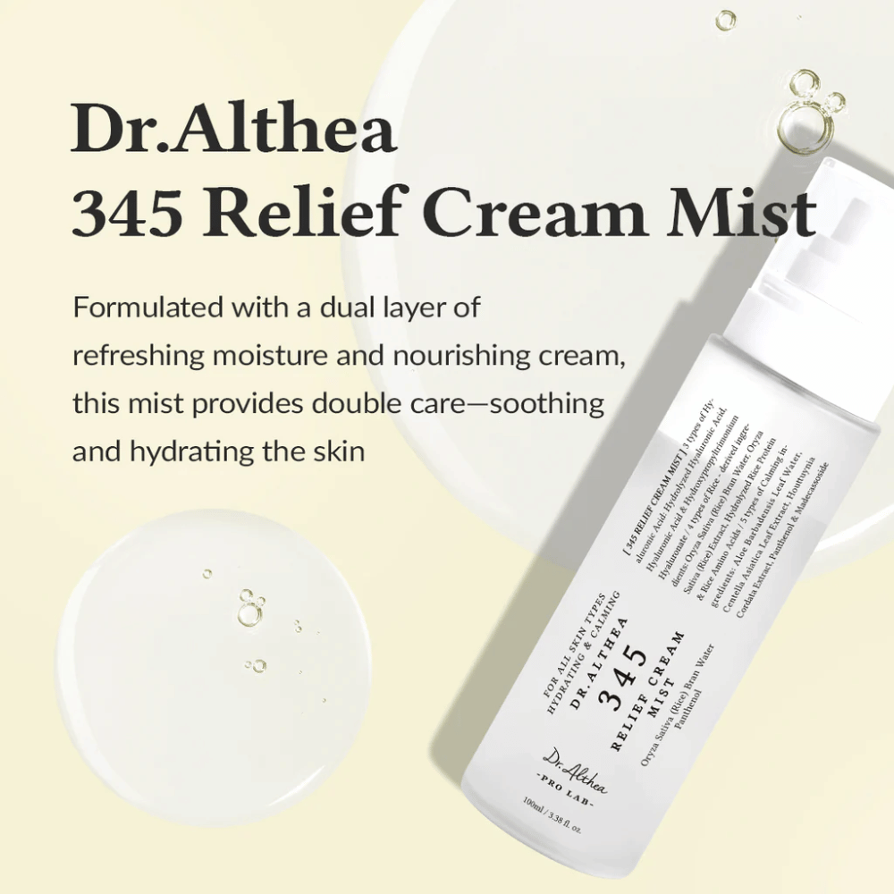 Imagem do produto de Dr. Althea 345 Relief Cream Mist com descrição da fórmula calmante e hidratante que oferece cuidado duplo para a pele em um único passo de spray.