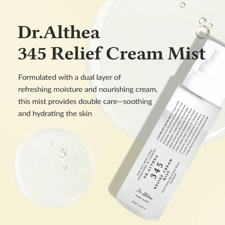 Imagem do produto de Dr. Althea 345 Relief Cream Mist com descrição da fórmula calmante e hidratante que oferece cuidado duplo para a pele em um único passo de spray.