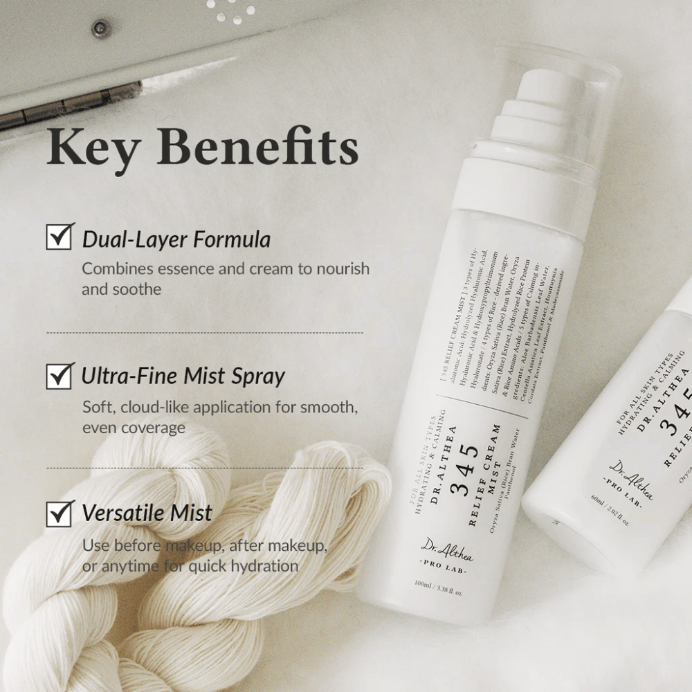 Dr. Althea 345 Relief Cream Mist com foco nos benefícios como fórmula de dupla camada, névoa ultrafina e uso versátil para hidratação rápida e uniforme.