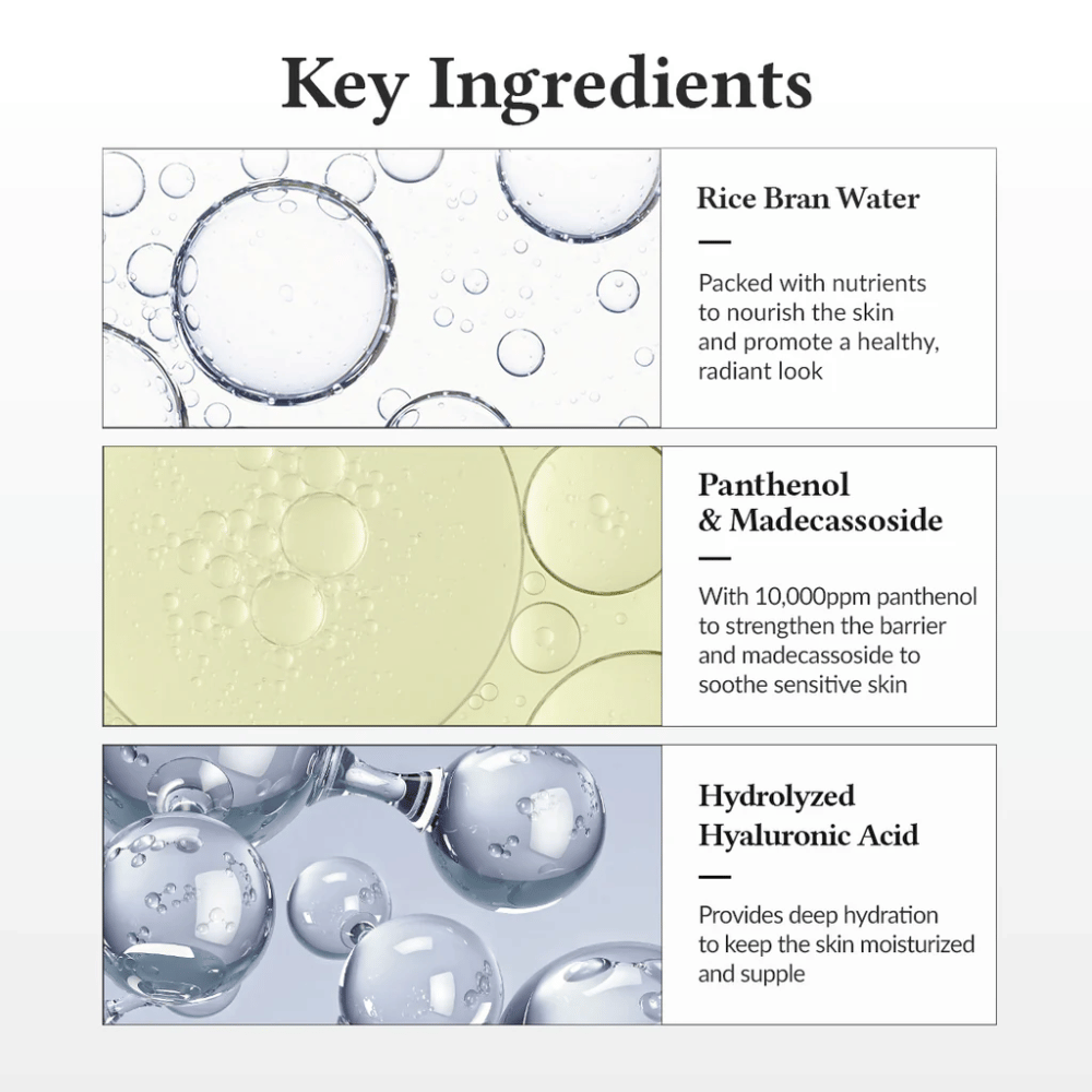 Ingredientes-chave em Dr. Althea 345 Relief Cream Mist, com água de arroz, pantenol, madecassoside e ácido hialurônico hidrolisado que fortalecem a barreira da pele e proporcionam hidratação profunda.