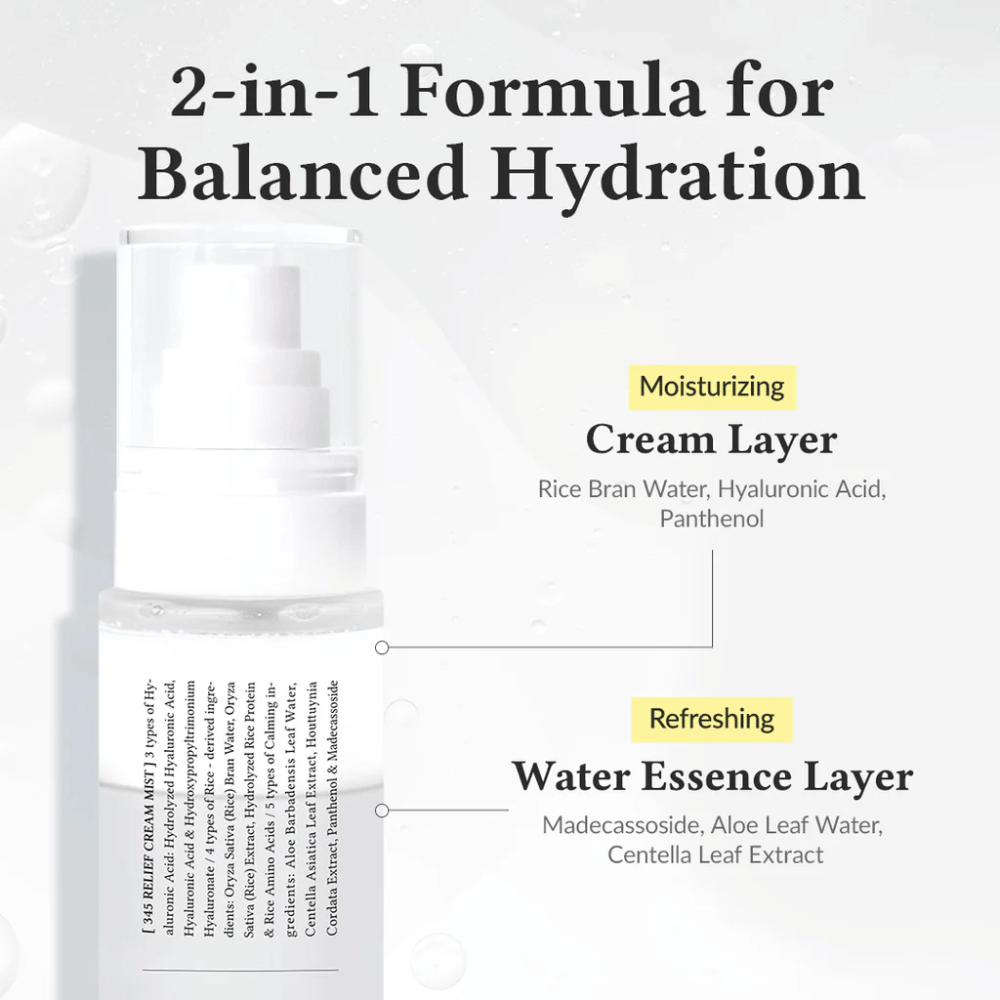 Ilustração de Dr. Althea 345 Relief Cream Mist com duas camadas, uma camada de creme hidratante e uma camada de essência aquosa refrescante para hidratação equilibrada e duradoura.