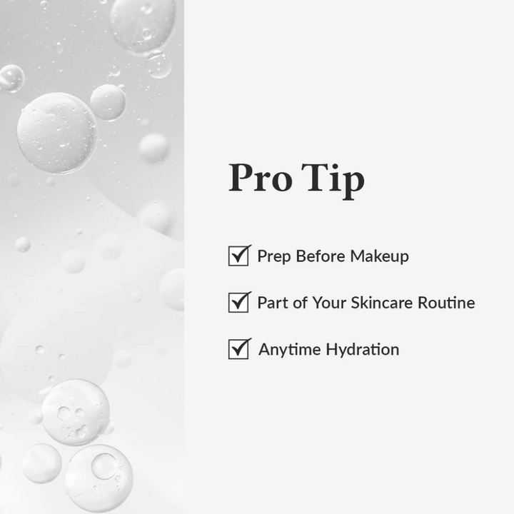 Gráfico Pro Tip mostrando como Dr. Althea 345 Relief Cream Mist é usado para hidratação antes da maquiagem, como parte da rotina de cuidados com a pele ou a qualquer momento do dia.