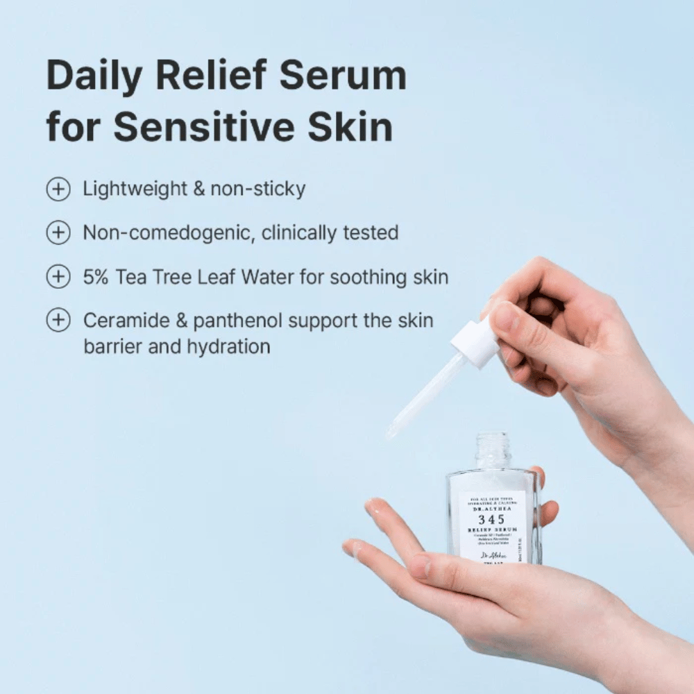 Dr. Althea 345 Relief Serum com ceramidas, pantenol e água de tea tree para pele sensível e hidratação de longa duração.