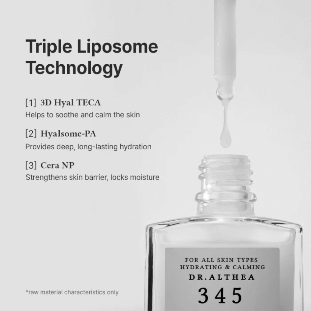 Dr. Althea 345 Relief Serum com tecnologia de lipossomas triplos, ceramidas e ácido hialurónico para hidratação intensiva e efeito calmante.