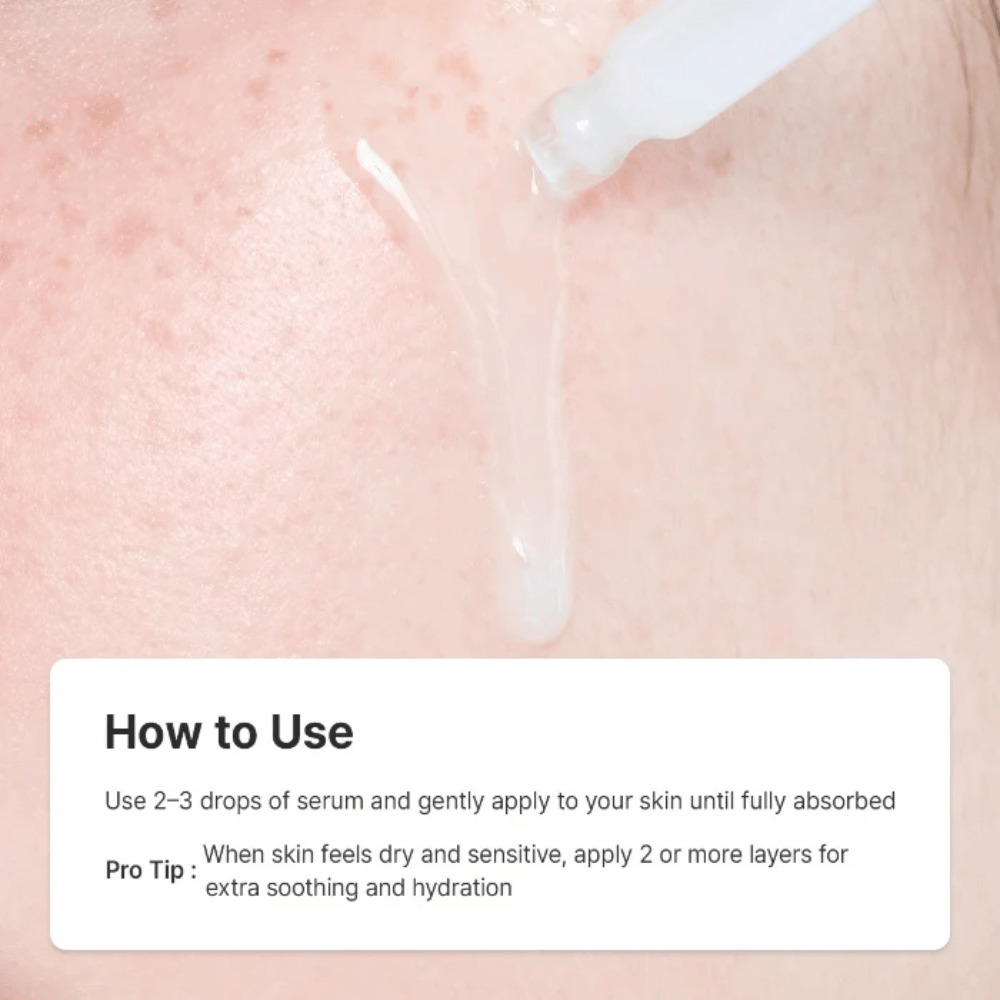 Dr. Althea 345 Relief Serum é aplicado com conta-gotas na pele para hidratação, cuidado calmante e reforço da barreira cutânea.