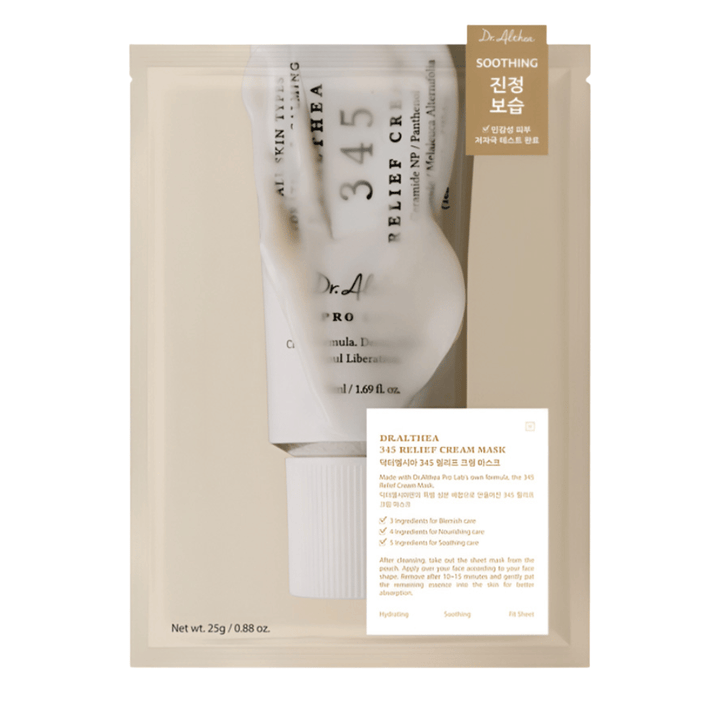 Dr. Althea 345 Relief Cream Mask Sheet mask com ingredientes calmantes como niacinamida, ceramida e centella asiatica