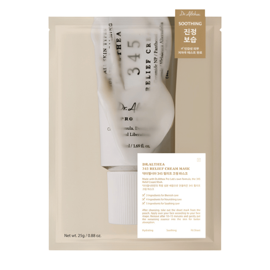 Dr. Althea 345 Relief Cream Mask Sheet mask com ingredientes calmantes como niacinamida, ceramida e centella asiatica