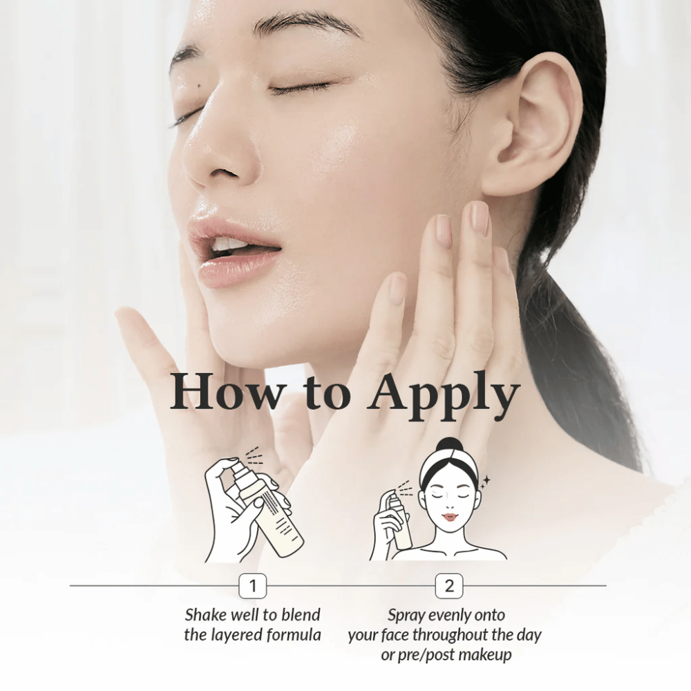 Como aplicar Dr. Althea 345 Relief Cream Mist, onde o modelo borrifa o rosto para hidratação uniforme antes e depois da maquiagem com uma névoa bem distribuída.