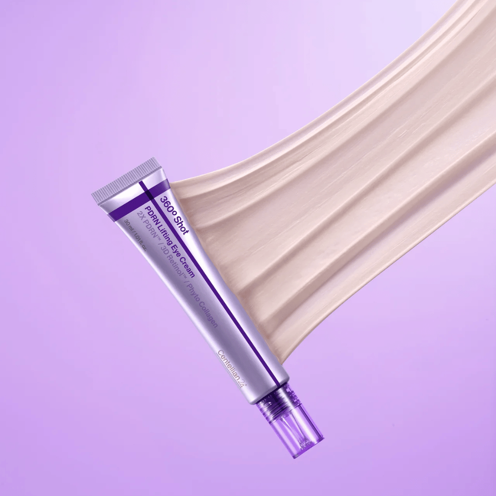 Centellian24 360º Shot PDRN Lifting Eye Cream textura – close-up de creme de olhos cremoso com PDRN e colágeno que ajuda a hidratar e dar à pele ao redor dos olhos uma aparência mais lisa.