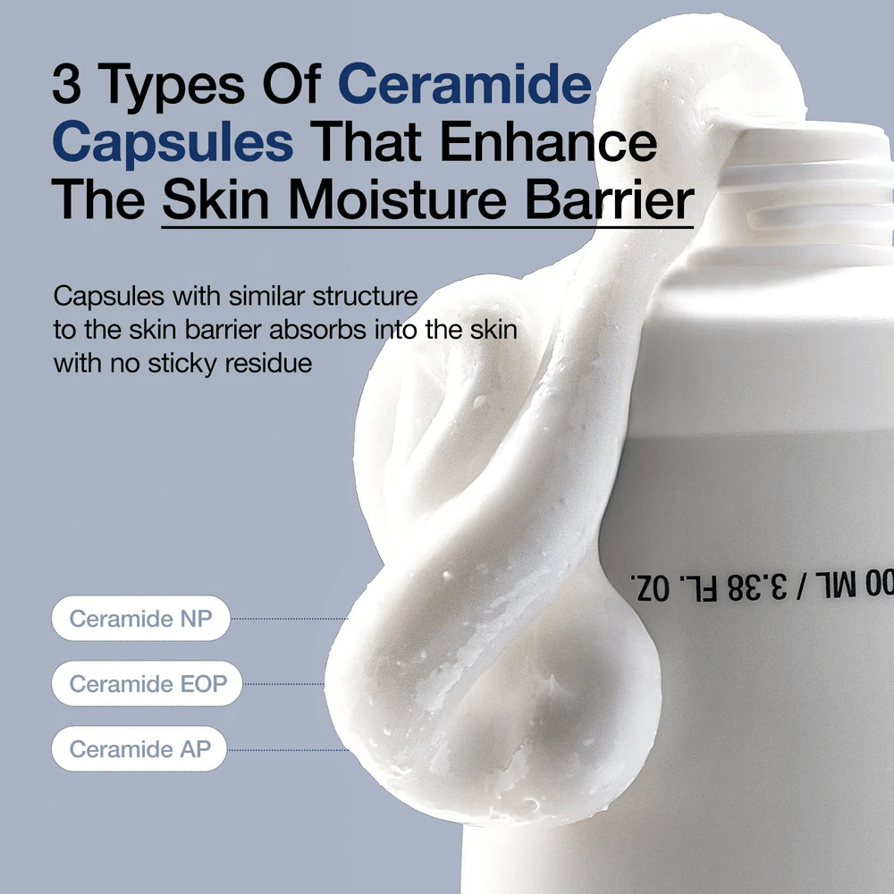 Anua 3 Ceramide Panthenol Cream  com três tipos de cápsulas de ceramida que protegem a barreira de umidade da pele sem pegajosidade.