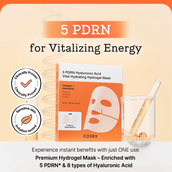 COSRX 5 PDRN Vital Hydrating Hydrogel Mask com ácido hialurônico e colágeno, clinicamente testada para brilho, pele mais firme e barreira cutânea melhorada