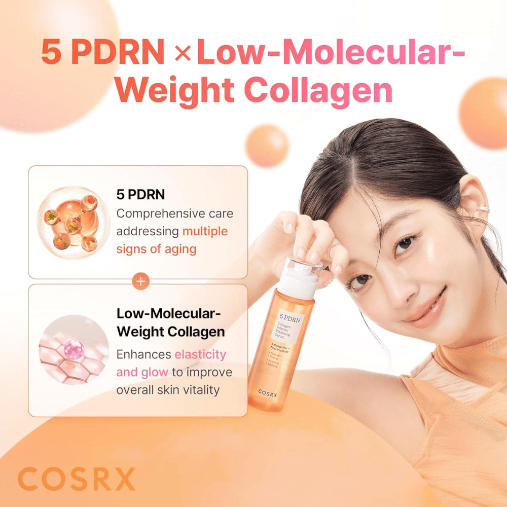 COSRX 5 PDRN Collagen Intense Vitalizing Serum com colagénio de baixo peso molecular que proporciona uma pele mais firme, luminosidade e efeito antienvelhecimento