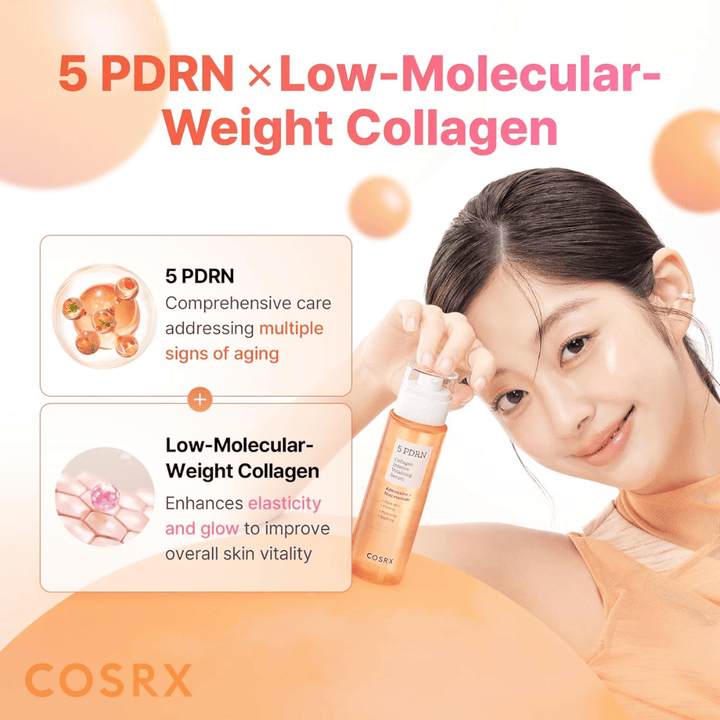 COSRX 5 PDRN Collagen Intense Vitalizing Serum com colagénio de baixo peso molecular que proporciona uma pele mais firme, luminosidade e efeito antienvelhecimento