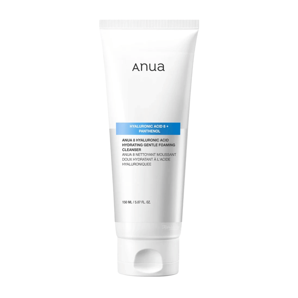 Anua 8 Hyaluronic Acid Hydrating Gentle Foaming Cleanser é um creme de limpeza suave que combina oito tipos de ácido hialurónico e pantenol para proporcionar hidratação intensa e proteger a barreira da pele. Produz uma espuma suave e rica que remove eficazmente a sujidade e a maquilhagem sem secar a pele.