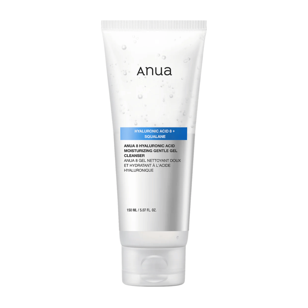 Imagem do produto em Anua 8 Hyaluronic Acid Moisturizing Gentle Gel Cleanser em tubo branco. Gel de limpeza suave que fortalece a barreira de hidratação da pele e proporciona uma pele macia e equilibrada.