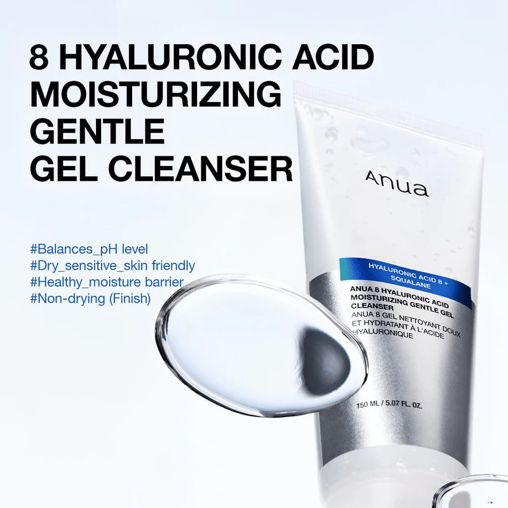 Anua 8 Hyaluronic Acid Moisturizing Gentle Gel Cleanser 150 ml mot blå bakgrund. Mild gelrengöring med squalane som återfuktar och passar känslig hud.