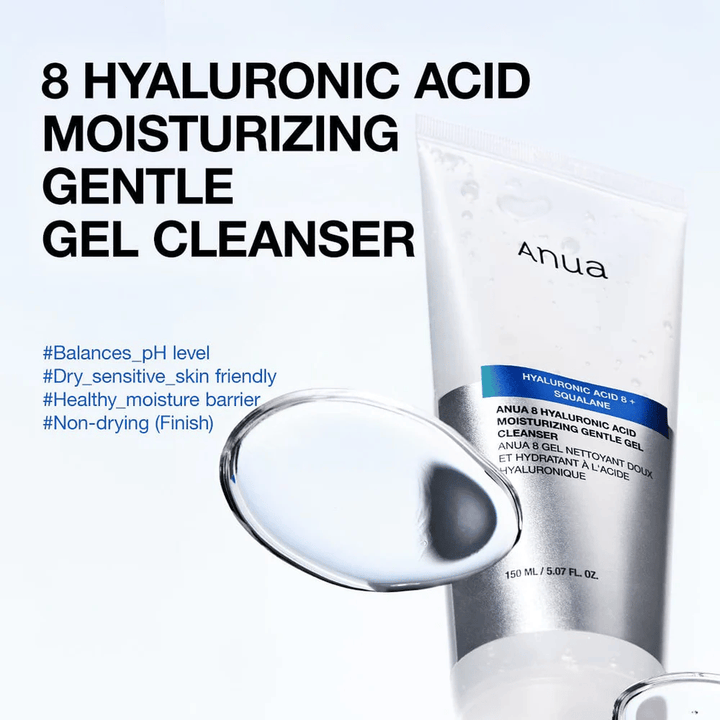 Anua 8 Hyaluronic Acid Moisturizing Gentle Gel Cleanser 150 ml mot blå bakgrund. Mild gelrengöring med squalane som återfuktar och passar känslig hud.