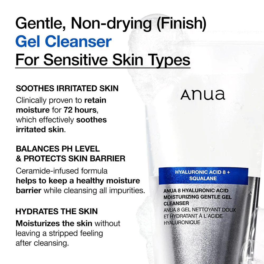 Anua 8 Hyaluronic Acid Moisturizing Gentle Gel Cleanser com texto destacando as características do produto: hidrata por 72 horas, equilibra o pH e protege a barreira cutânea.