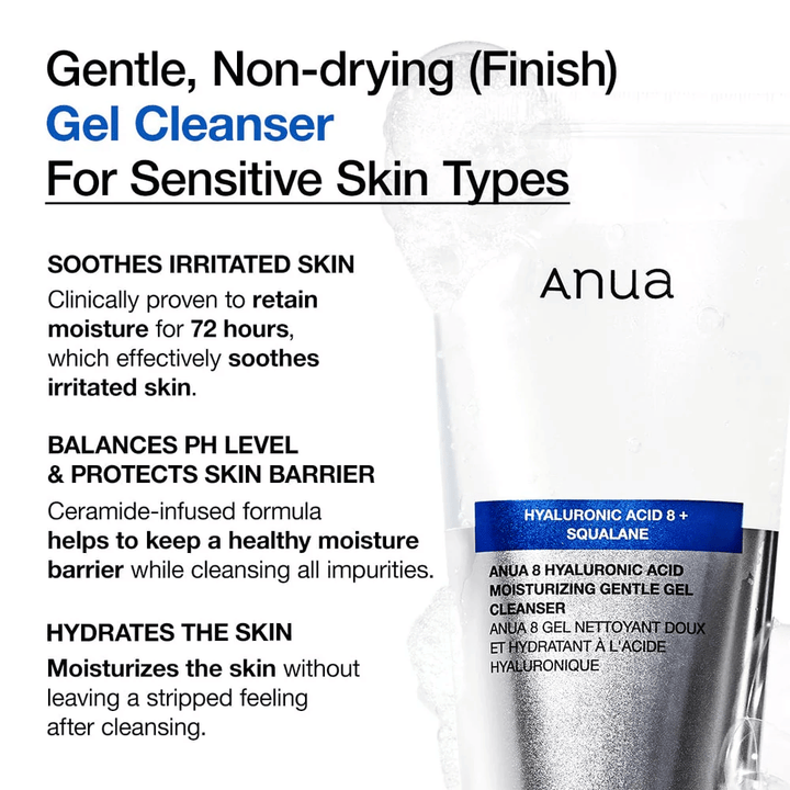 Anua 8 Hyaluronic Acid Moisturizing Gentle Gel Cleanser med text som lyfter produktens egenskaper: återfuktar i 72 timmar, balanserar pH och skyddar hudbarriären.