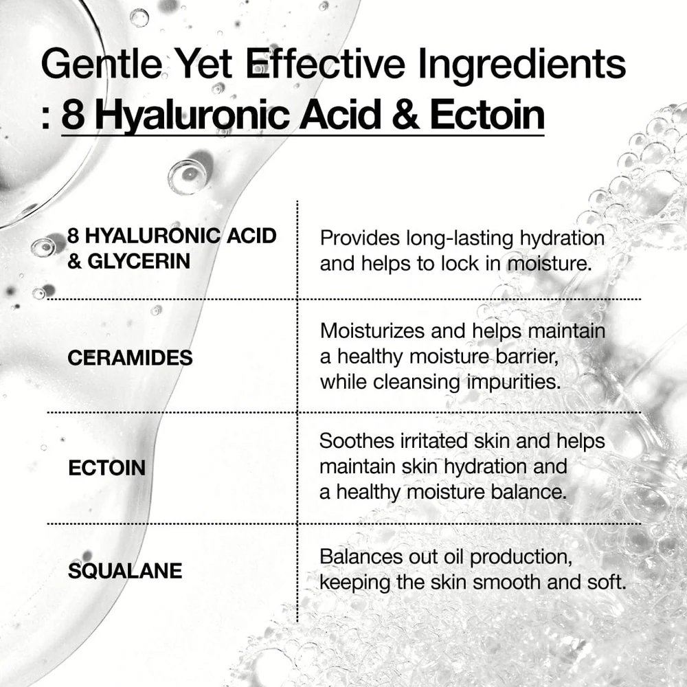 Apresentação gráfica dos ingredientes chave de Anua: 8 tipos de ácido hialurónico, ceramidas, ectoína e squalane que hidratam, acalmam e fortalecem a barreira cutânea.