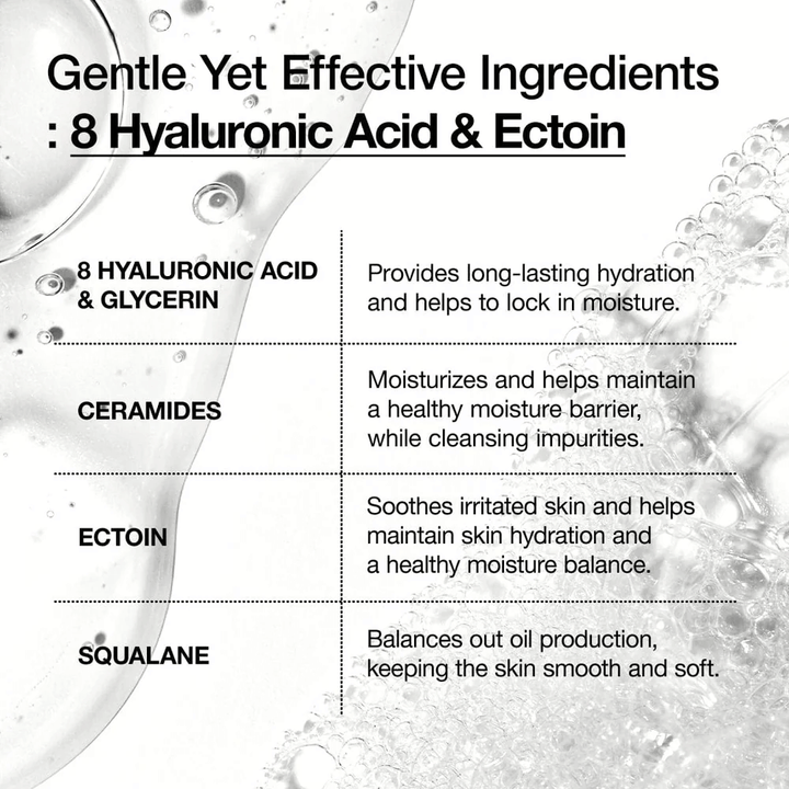 Grafisk presentation av Anuas nyckelingredienser: 8 typer av hyaluronsyra, ceramider, ectoin och squalane som återfuktar, lugnar och stärker hudbarriären.