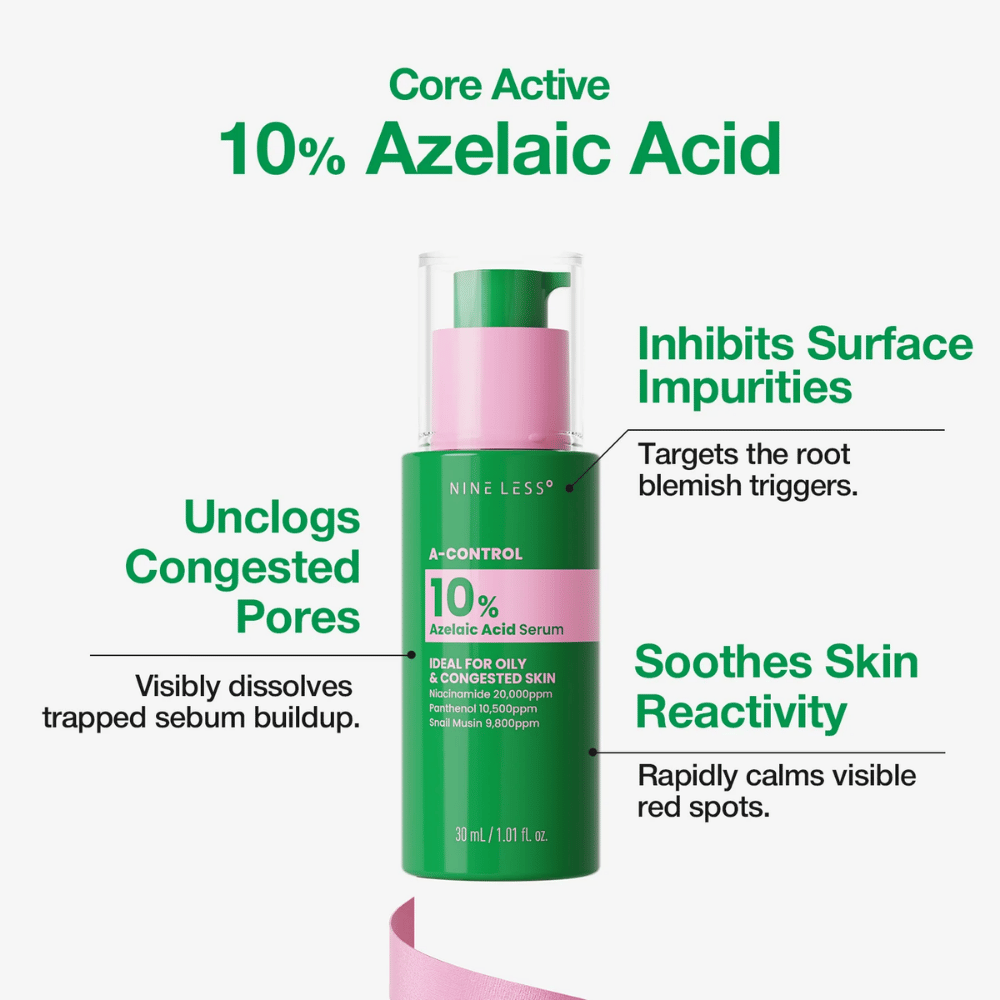 NINELESS O sérum A-Control com 10% de ácido azelaico ajuda a combater poros obstruídos, imperfeições e vermelhidão visível.