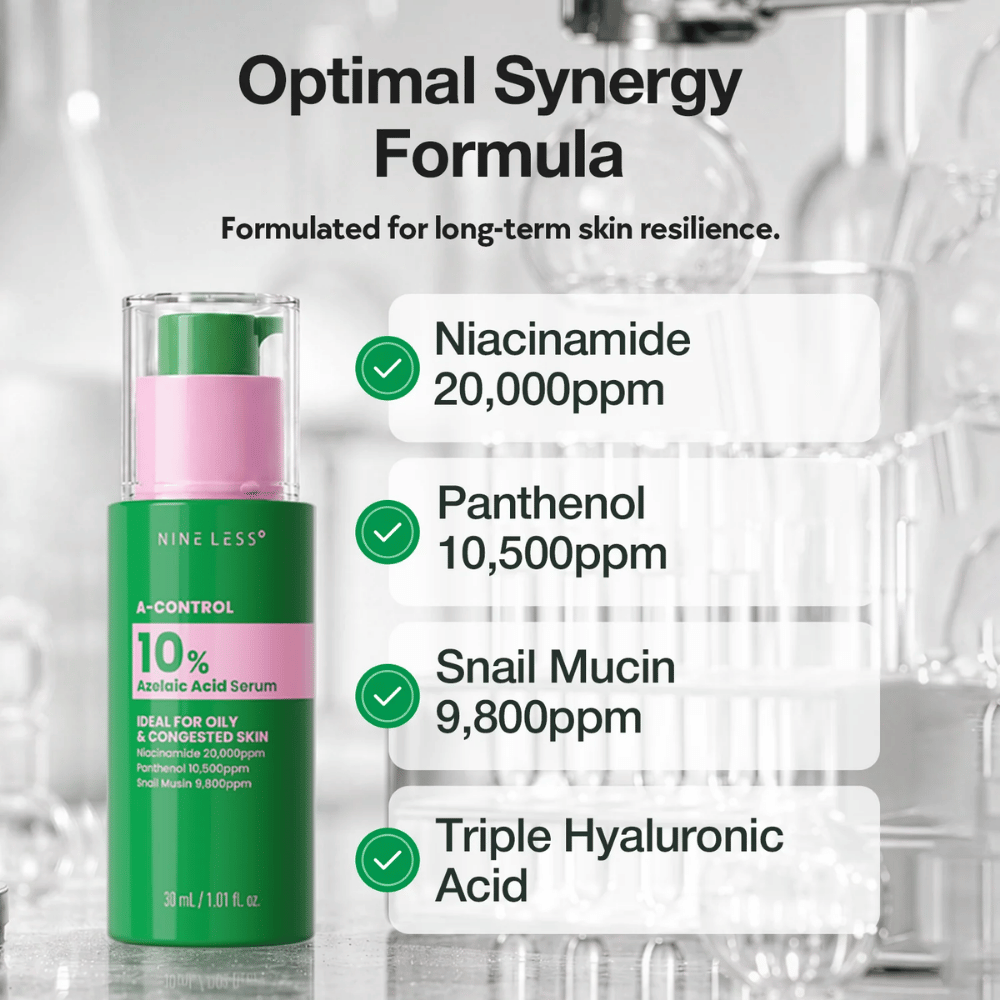 NINELESS A-Control 10% Azelaic Acid Serum com niacinamida, pantenol, snail mucin e ácido hialurónico para uma pele equilibrada e hidratada.