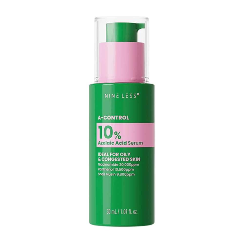 NINELESS A-Control 10% Azelaic Acid Serum 30 ml em frasco verde com doseador para pele oleosa e congestionada.
