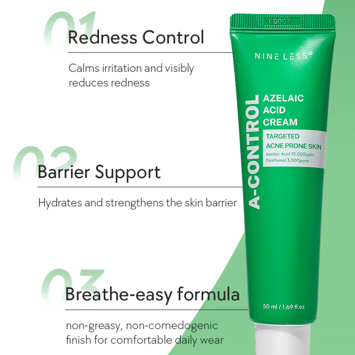 NINELESS A-Control Azelaic Acid Cream – creme facial coreano com ácido azelaico que ajuda a reduzir vermelhidão, fortalecer a barreira da pele e proporcionar um acabamento leve e não oleoso.