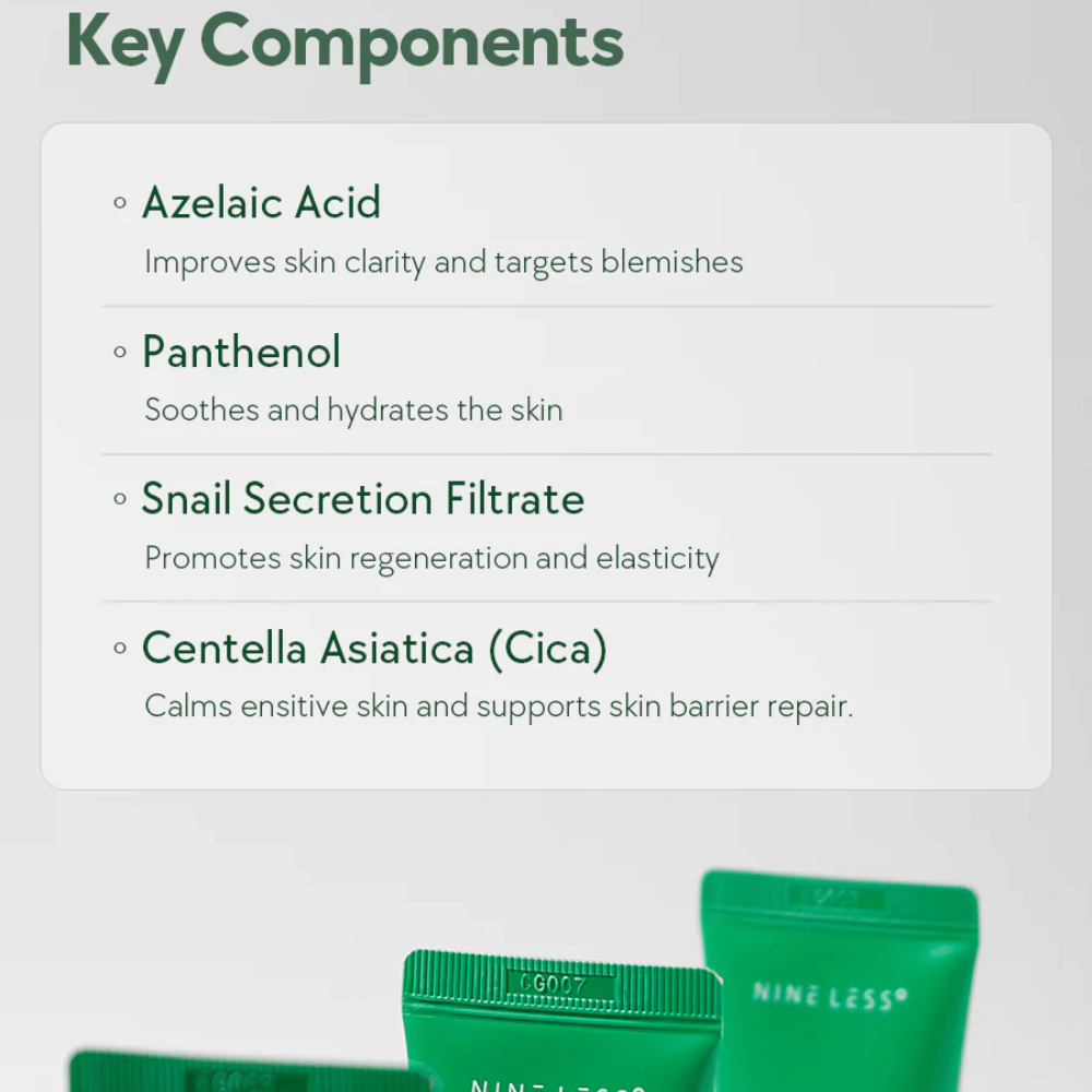 NINELESS A-Control Azelaic Acid Cream ingredientes – creme facial com ácido azelaico, pantenol, snail mucin e Centella Asiatica que ajudam a acalmar a pele e melhorar a clareza da pele.