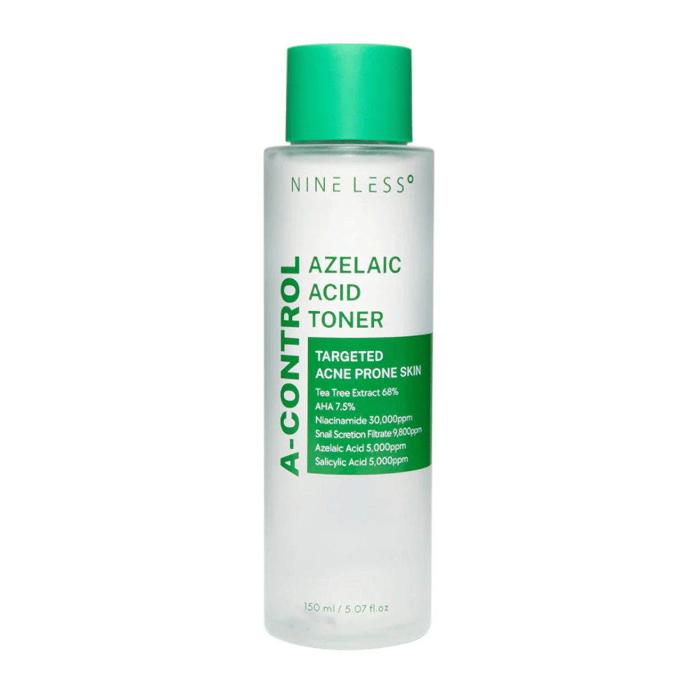 Imagem do produto Nine Less A-Control Azelaic Acid Toner 150 ml em garrafa transparente com rótulo verde e tampa verde.