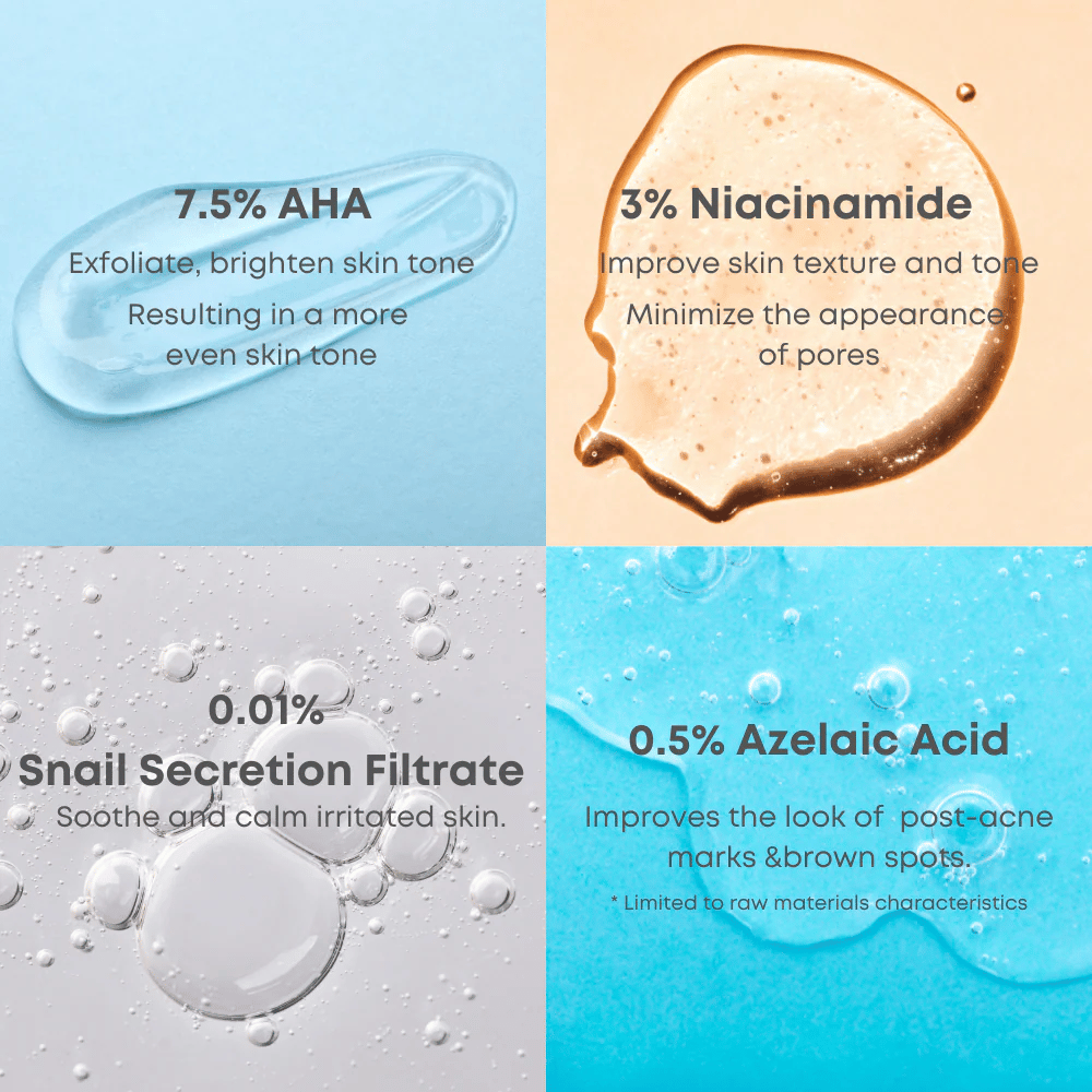 Close-up de gotas de soro que ilustram os ingredientes-chave do tônico: 7,5% AHA, 3% niacinamida, filtrado de secreção de caracol e 0,5% de ácido azelaico.