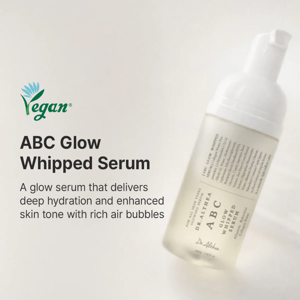 Imagem – branding / imagem principal (mais importante)
Dr. Althea ABC Glow Whipped Serum – sérum glow vegano com bolhas leves que hidrata a pele e proporciona um tom mais uniforme e luminosidade natural.