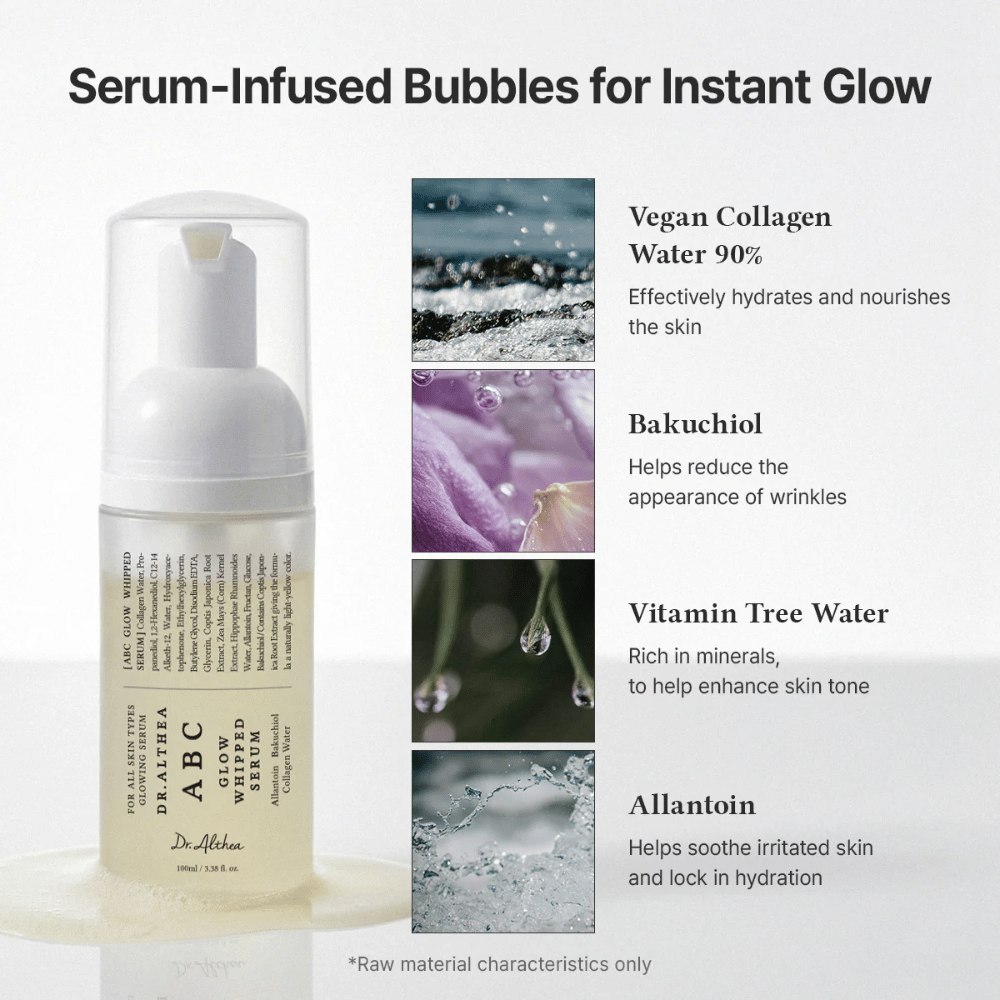 Imagem – ingredientes (EEAT + ranking)
Dr. Althea ABC Glow Whipped Serum com colagénio vegano, bakuchiol, vitamin tree water e alantoína que hidratam, acalmam e melhoram a textura da pele.