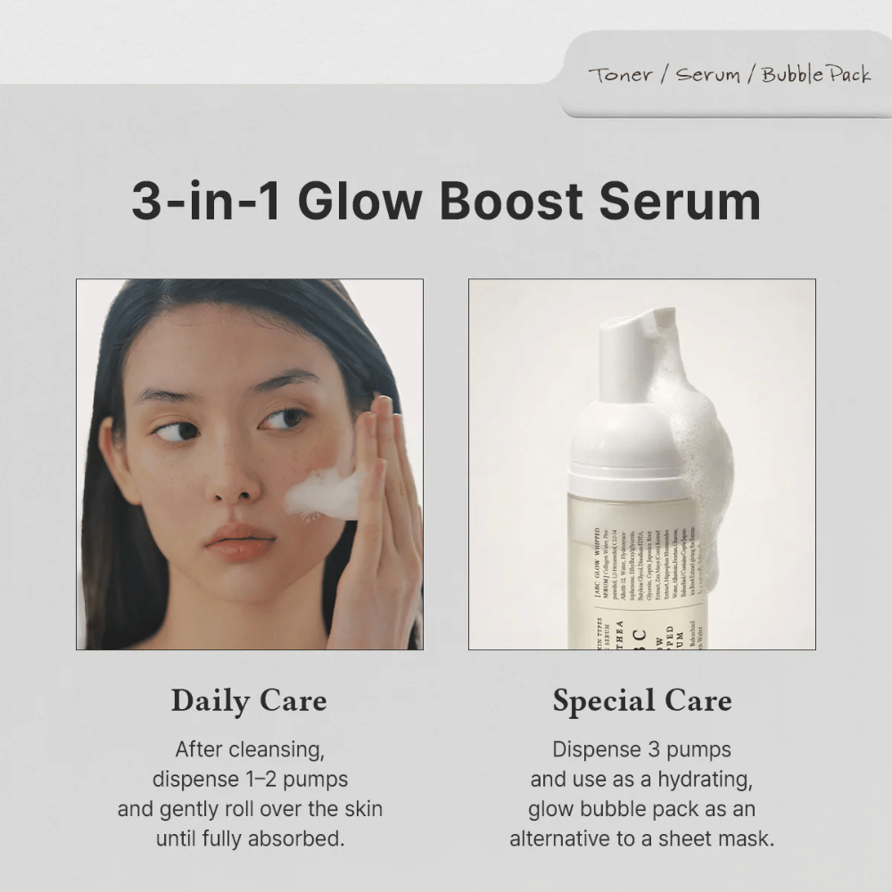 Imagem – utilização (daily vs special care)
Dr. Althea ABC Glow Whipped Serum é utilizado como sérum diário ou como máscara bubble hidratante para glow extra e cuidado intensivo da pele.