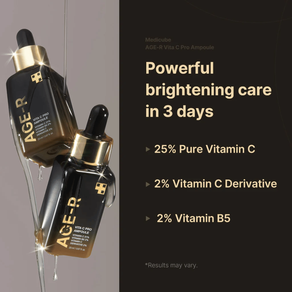 Imagem de Medicube Age-R Vita C Pro Ampoule destacando o efeito iluminador do produto em 3 dias. O produto contém 25% de vitamina C pura, 2% de derivado de vitamina C e 2% de vitamina B5. Os frascos são exibidos com detalhes dourados e um conta-gotas para aplicação.