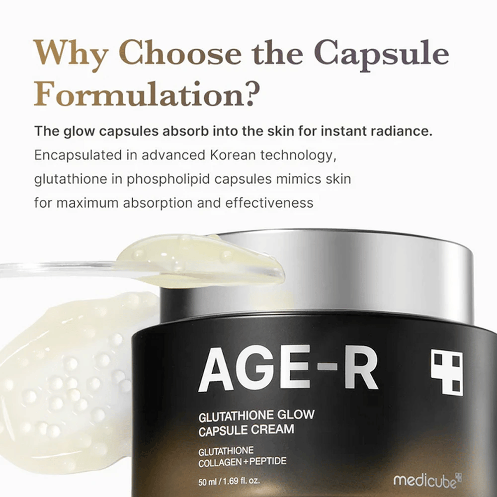 Medicube Age-R Glutathione Glow Capsule Cream é comercializado com uma explicação sobre os benefícios da formulação em cápsulas. Cápsulas de glutation são rapidamente absorvidas pela pele para um brilho imediato, graças à avançada tecnologia coreana que imita os próprios mecanismos da pele para efeito máximo.