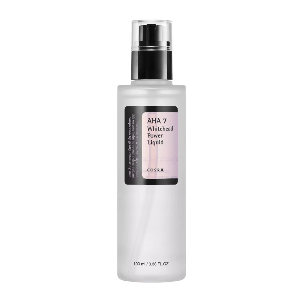 COSRX AHA 7 Whitehead Power Liquid frasco 100 ml, esfoliação eficaz com 7% de ácido glicólico contra cravos brancos e tom de pele irregular.