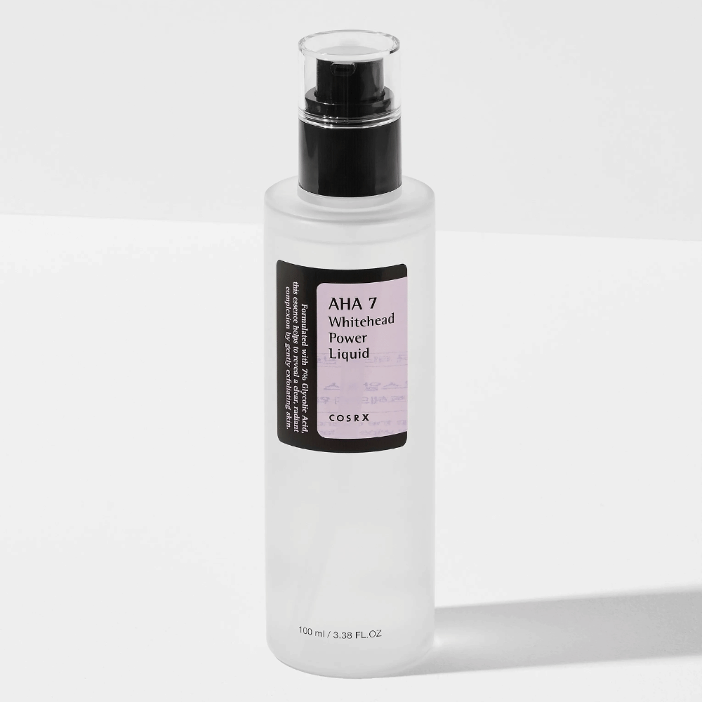 COSRX AHA 7 Whitehead Power Liquid 100 ml, peeling químico com ácido glicólico que esfolia, reduz cravos e proporciona uma pele mais clara.