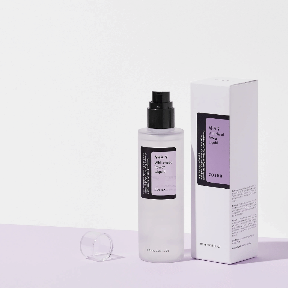 COSRX AHA 7 Whitehead Power Liquid com embalagem, tônico facial esfoliante com 7% de AHA para combater cravos brancos e uniformizar o tom da pele.
