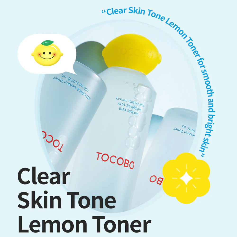 Várias garrafas de TOCOBO Clear Skin Tone Lemon Toner com tampa amarela em forma de limão, bolhas dentro do líquido e texto destacando os ingredientes AHA e BHA contra um fundo azul claro.
