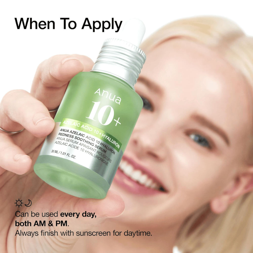 ANUA Azelaic Acid 10+ Hyaluron é um sérum calmante que reduz a vermelhidão e hidrata a pele. Perfeito para uso diário tanto de manhã quanto à noite. Contém ácido azelaico e ácido hialurônico para equilibrar e fortalecer a barreira da pele. Use sempre protetor solar durante o dia.