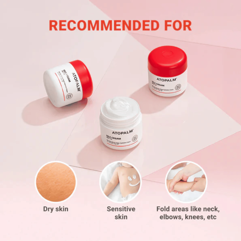 ATOPALM MLE Cream recomendado para pele seca e sensível, bem como áreas secas como pescoço, cotovelos e joelhos – creme suave para cuidados diários com a pele.